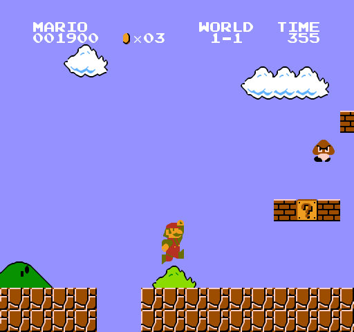 A screenshot of NES game Super Mario Bros showing Mario jumping over a chasm