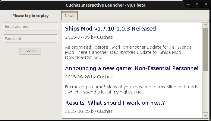 A screenshot of the launcher news page