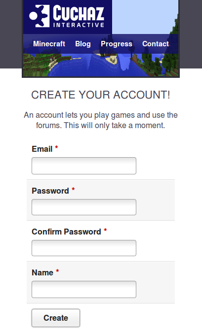 A screenshot of the account creation website